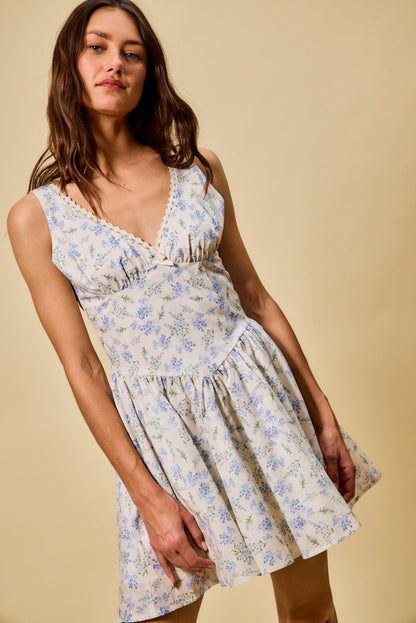 Fit And Flare Floral Print V Neck Cotton Mini Dress - Mini Dresses