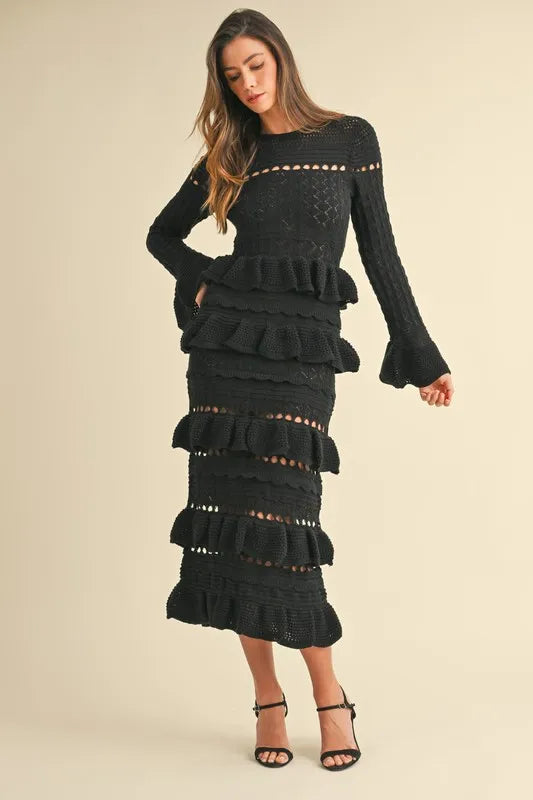 Long Sleeve Tiered Ruffle Knit Midi Dress – BLACK outfit idea for women | Ro + Ivy