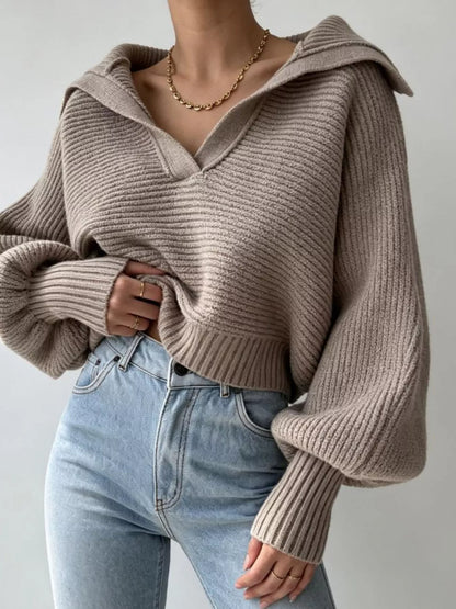 Oversized Collar Ribbed Cropped Sweater Khaki
