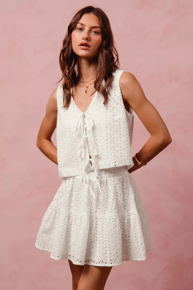 100% Cotton Eyelet Lace Front Tie Top with Matching Tiered Mini Skirt Set | Trendy Outfit Sets Outfit Idea for Women by Ro + Ivy | Elevated Basics, Modern Comfort & Style