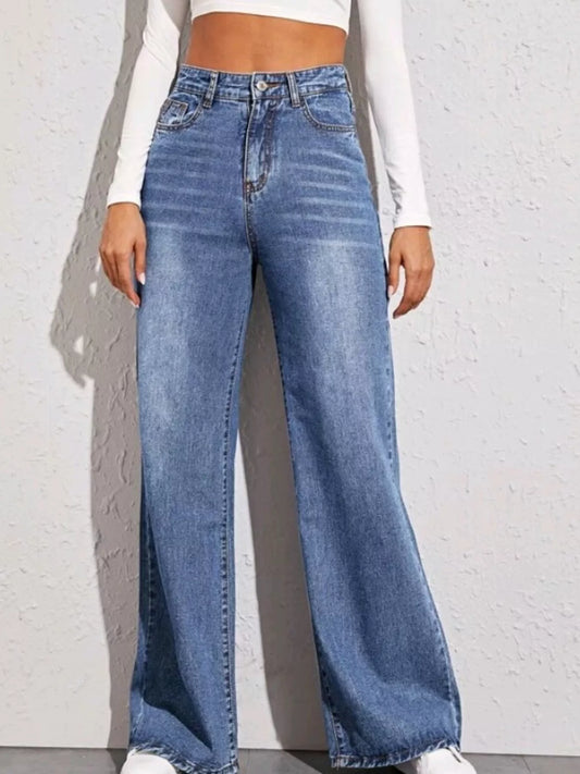 Light Wash High-Waisted Wide Leg Jeans - Blue Jeans