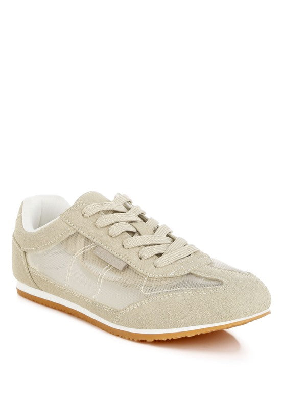 Beige Low Microfiber & Mesh Paneling Sneakers | Trendy Sneakers Outfit Idea for Women by Ro + Ivy | Elevated Basics, Modern Comfort & Style