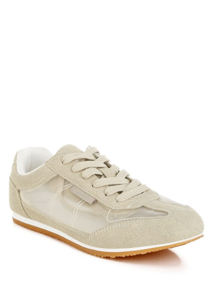 Beige Low Microfiber & Mesh Paneling Sneakers | Trendy Sneakers Outfit Idea for Women by Ro + Ivy | Elevated Basics, Modern Comfort & Style