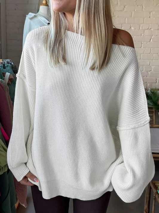 Women's One Shoulder Ribbed Knit Sweater White