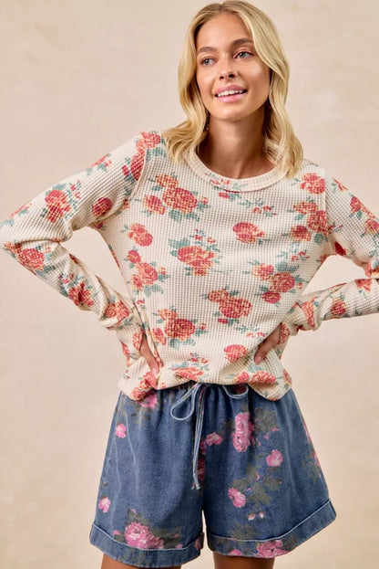 Oatmeal Washed Floral Long Sleeve Waffle Thermal Top with Sleeve Thumb Hole | Trendy Tops Outfit Idea for Women by Ro + Ivy | Elevated Basics, Modern Comfort & Style