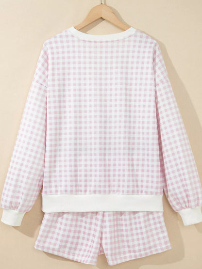 Plaid Merry Lettering Two-Piece Lounge Set with Long-Sleeve Top and Drawstring Shorts