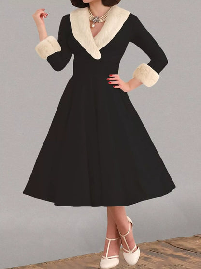 Christmas Dress with Faux Fur Trim and Sleeveless Silhouette Black