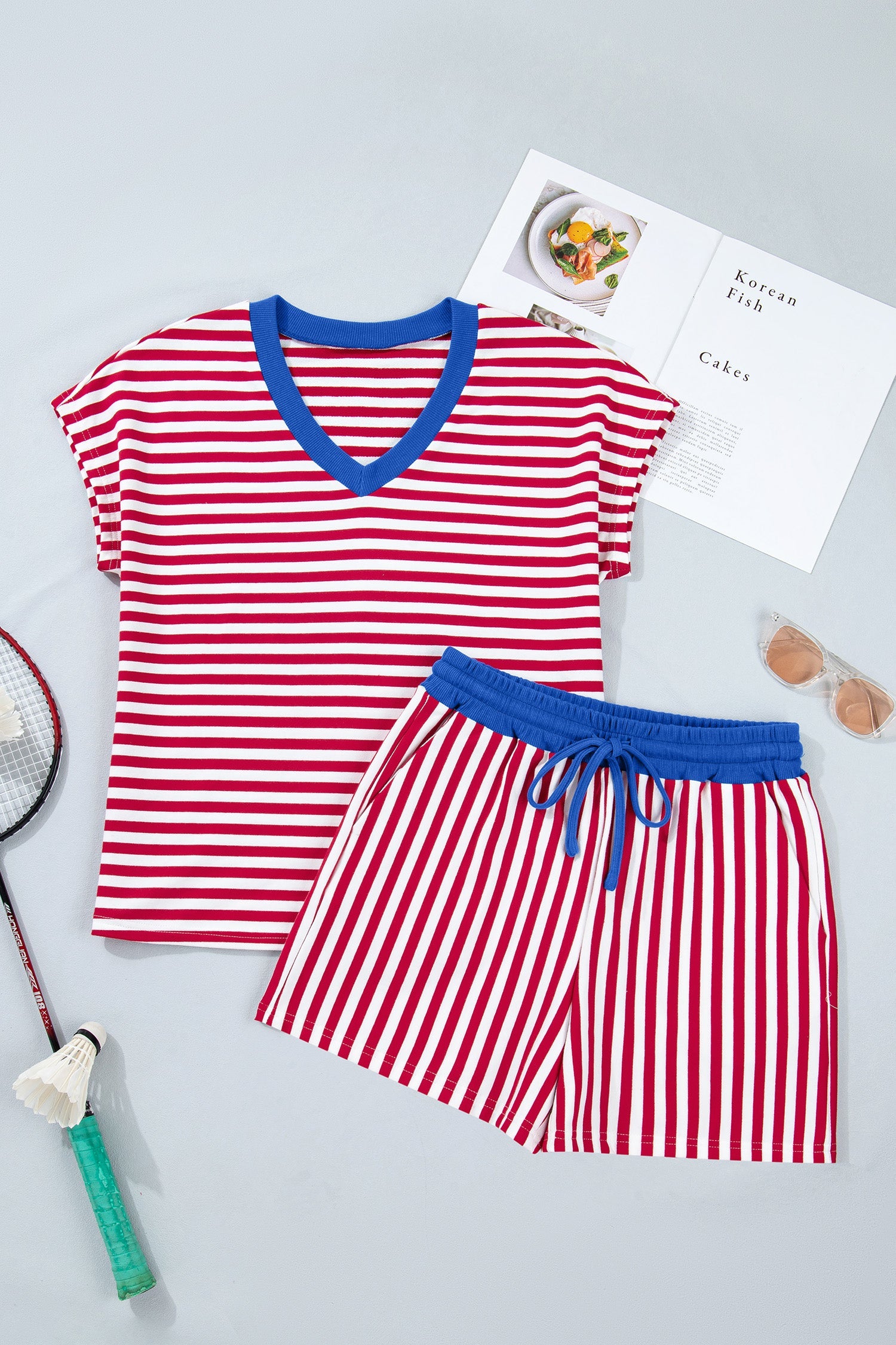 Striped Colorblock V-Neck Tee & Drawstring Shorts Two-Piece Set — Laid-Back Casual Style - Two Piece Sets/Short Sets