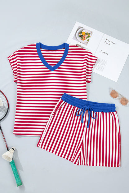 Striped Colorblock V-Neck Tee & Drawstring Shorts Two-Piece Set — Laid-Back Casual Style - Two Piece Sets/Short Sets