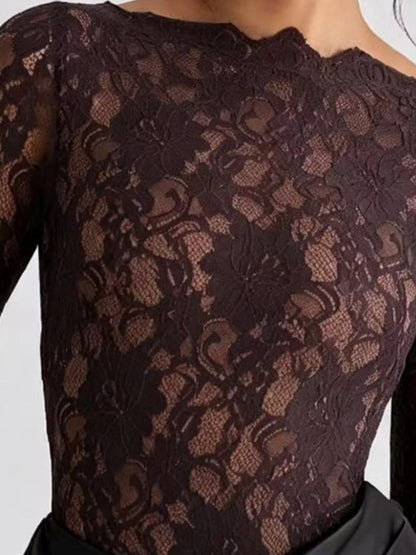 Long-Sleeve Bodycon Maxi Dress with Sheer Lace, Satin Patchwork and Ruched Details