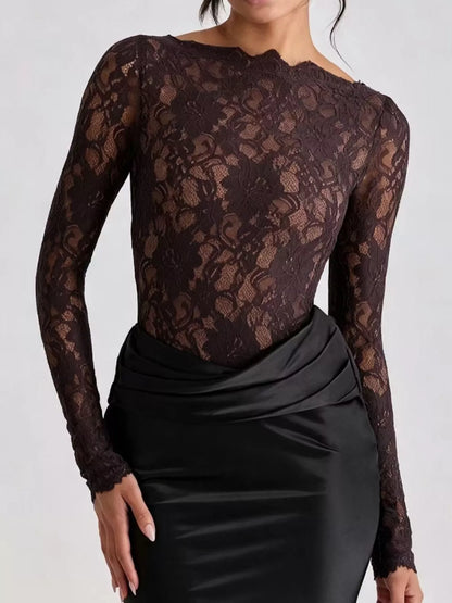 Long-Sleeve Bodycon Maxi Dress with Sheer Lace, Satin Patchwork and Ruched Details Black