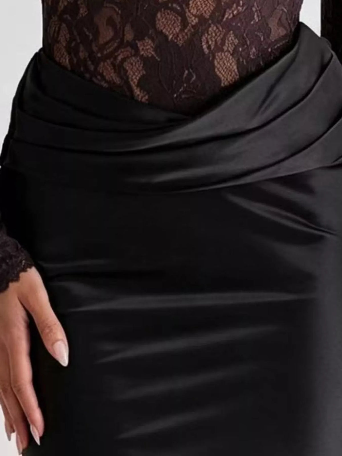 Long-Sleeve Bodycon Maxi Dress with Sheer Lace, Satin Patchwork and Ruched Details