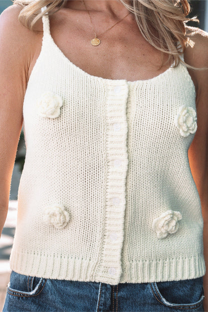 3D Flower Spaghetti Strap Knit Sweater Vest — Breezy Feminine Everyday Style - Sweater Vests