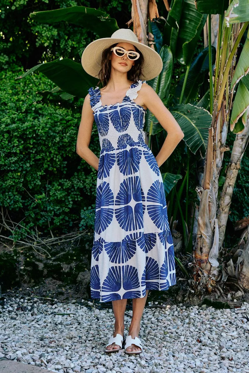 Women's Abstract Print Smocked Tiered Midi Dress - Midi Dresses