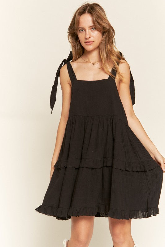 Square Neck Tiered Ruffle Bow Ties Mini Dress – BLACK outfit idea for women | Ro + Ivy