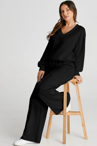 Women's V-Neck Long Sleeve Top and Pants Loungewear Set - Loungewear Sets