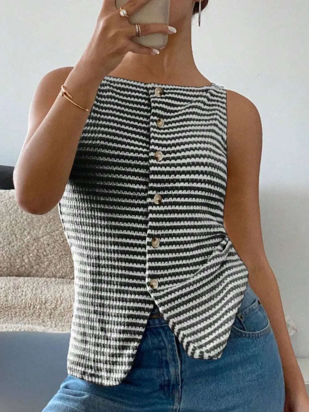 Women's Button Down Striped Tank Top - Tank Tops