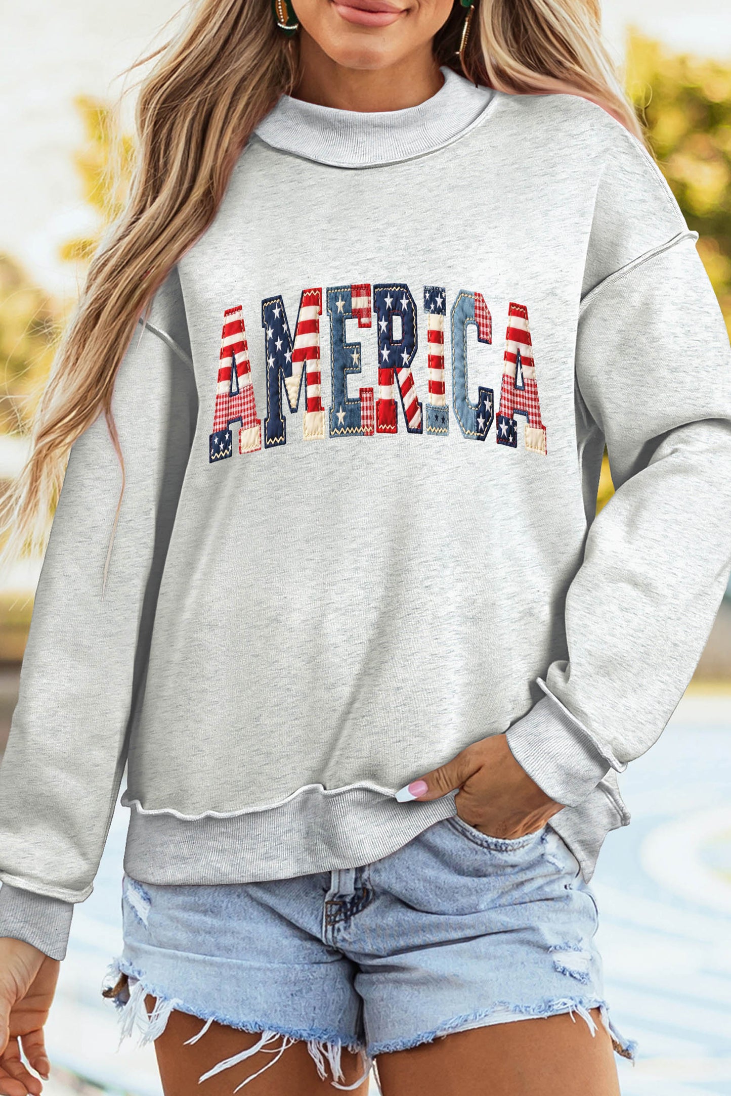 Patchwork Flag Print Reversible Mock Neck Sweatshirt — Cozy Patriotic Everyday Style - Graphic Sweatshirts