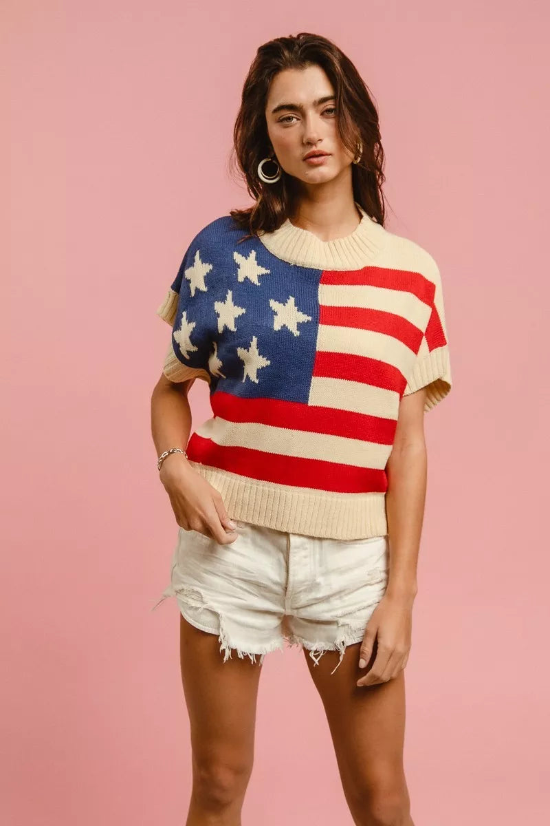 Star Patches American Flag Sleeveless Knit Sweater — Patriotic Festive Cozy Statement Style - Sweaters