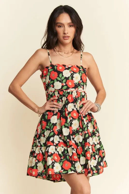 100% Cotton Scalloped Floral Mini Dress - Mini Dresses