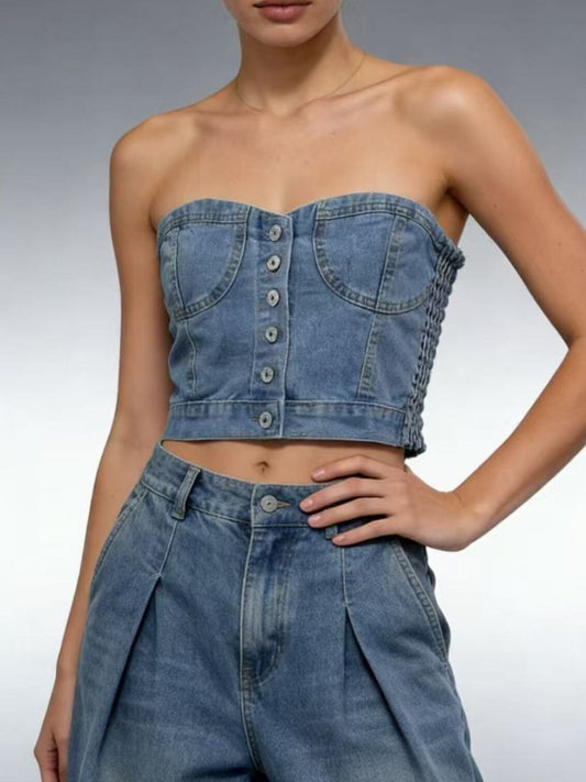 Button-Front Denim Tube Top - Light Blue Tops