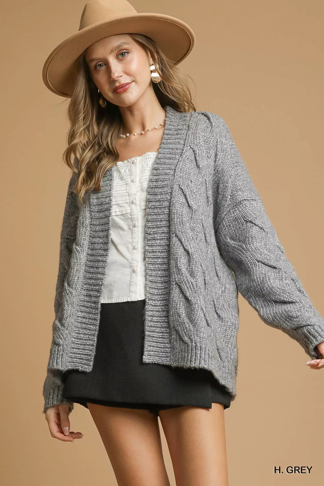 H. GREY Chunky Cable Knit Long Sleeve Open Front Cardigan in Gray | Trendy Cardigans Outfit Idea for Women by Ro + Ivy | Elevated Basics, Modern Comfort & Style