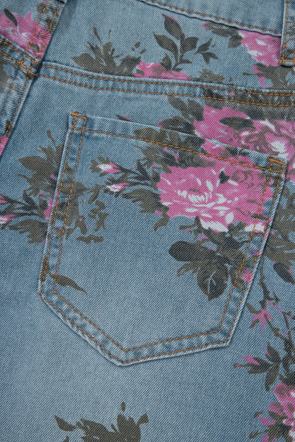 Vintage Floral Print Light Wash Bootcut Jeans — Feminine Flattering Everyday Style - Jeans