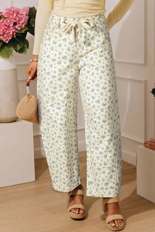 Women's Grommet Knot Waist Floral Barrel Leg Jeans Beige