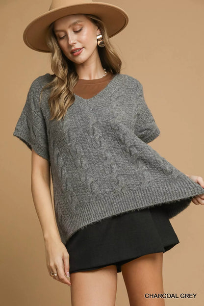 CHARCOAL GREY Cable-Knit Short Sleeve V-Neck Sweater | Trendy Sweaters Outfit Idea for Women by Ro + Ivy | Elevated Basics, Modern Comfort & Style