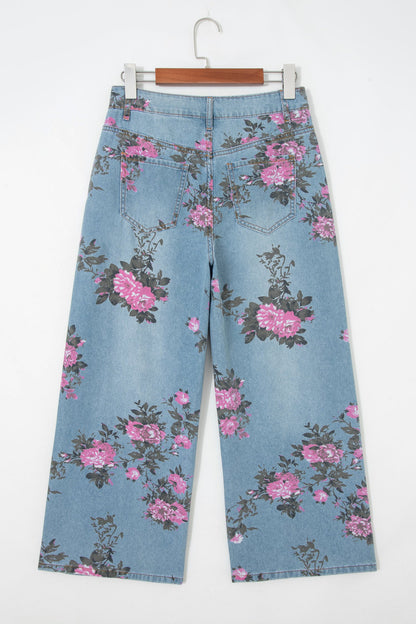 Vintage Floral Print Light Wash Bootcut Jeans — Feminine Flattering Everyday Style - Jeans
