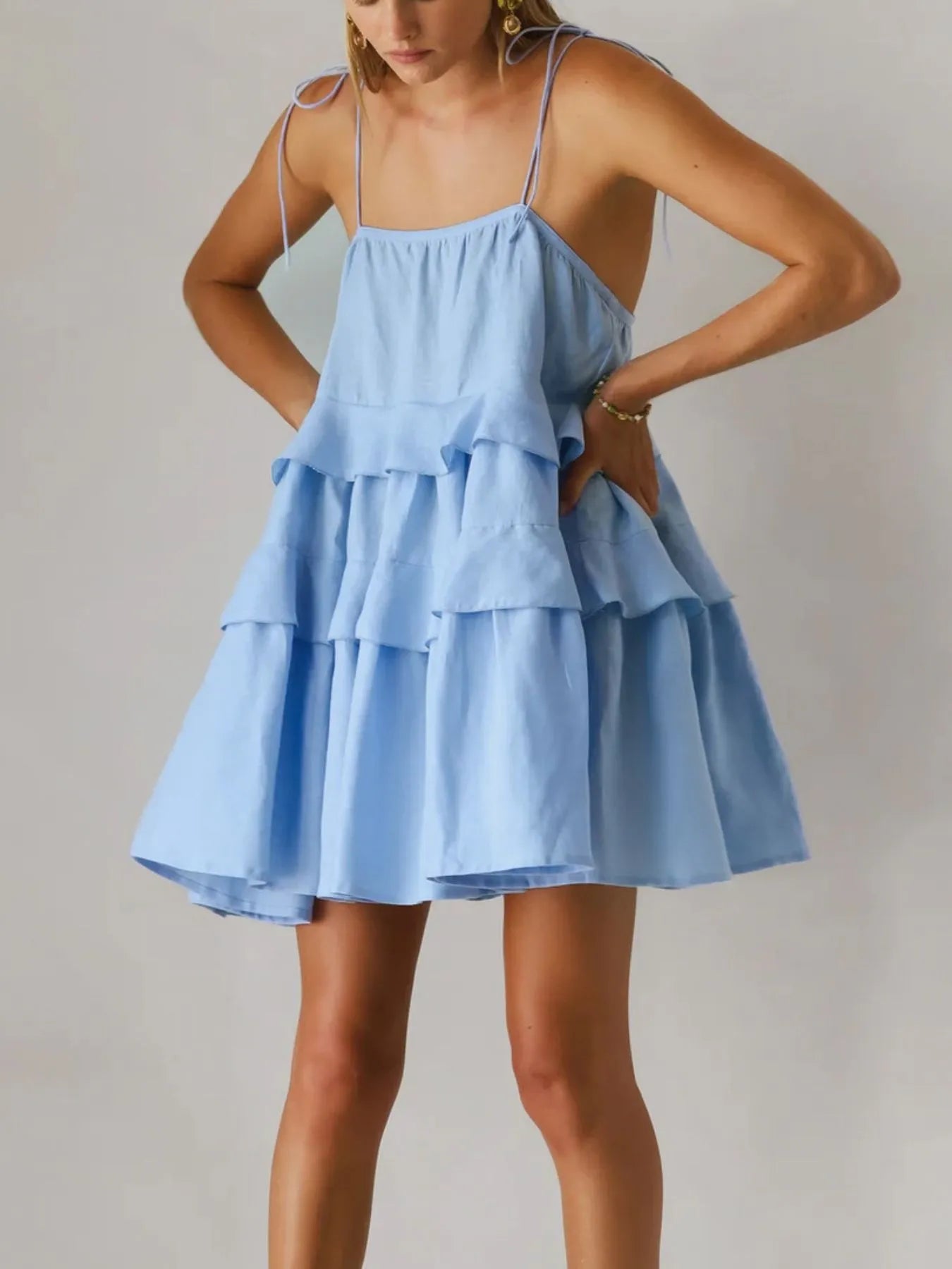 Women's Ruffle Layered Tie Shoulder Cami Mini Dress - Blue Mini Dresses