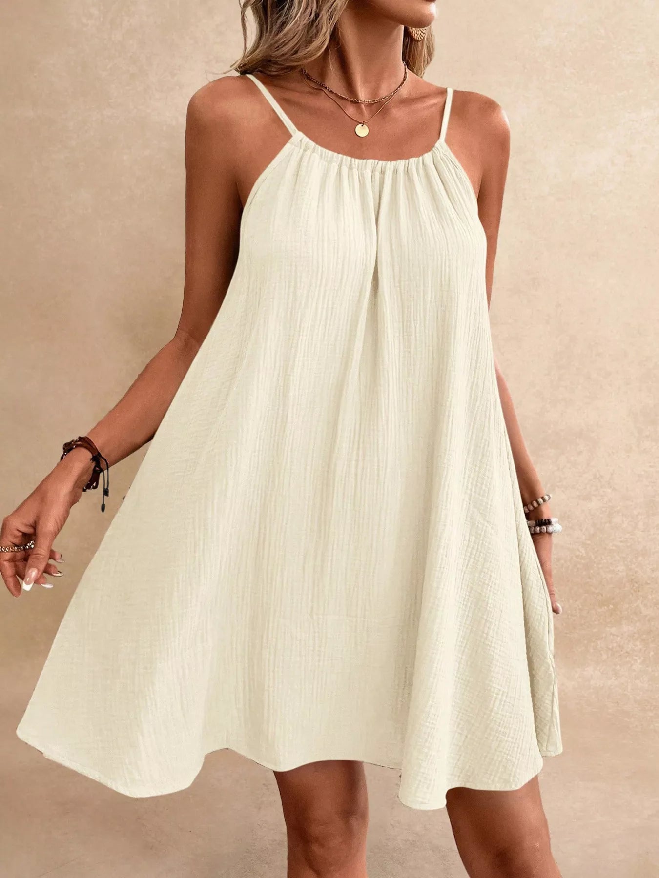 Women's Spaghetti Strap Gauze Mini Dress - Apricot Mini Dresses