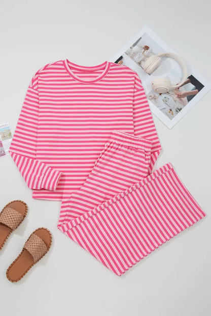 Women's Striped Drop Shoulder Round Neck Top and Buttoned Straight Pants Set - Matching Sets