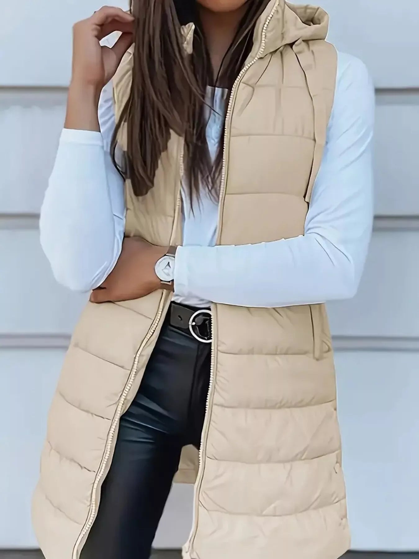 Zip Up Longline Hooded Puffer Vest Tan