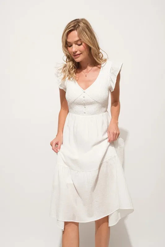 Ruffle Sleeve Front Smocked Tiered Midi Dress — Whimsical Romantic Feminine Flowing Style - Mini Dresses