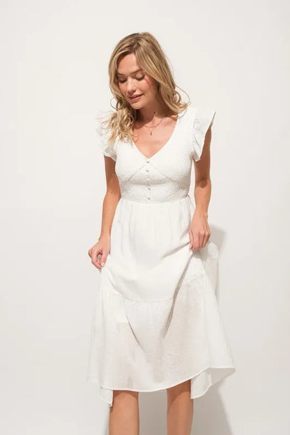Ruffle Sleeve Front Smocked Tiered Midi Dress — Whimsical Romantic Feminine Flowing Style - Mini Dresses