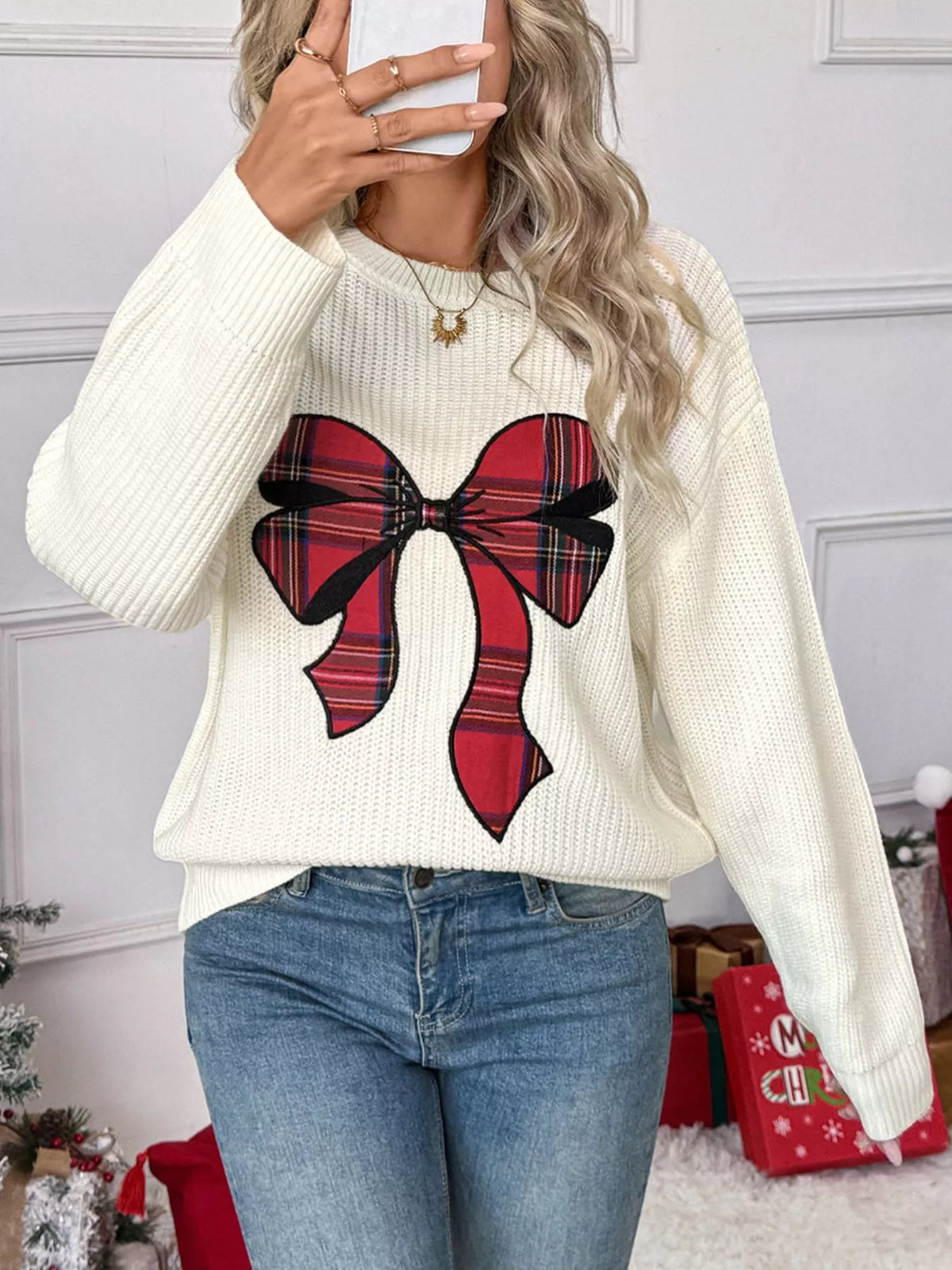 Christmas Bow Ribbed Drop-Shoulder Knit Sweater