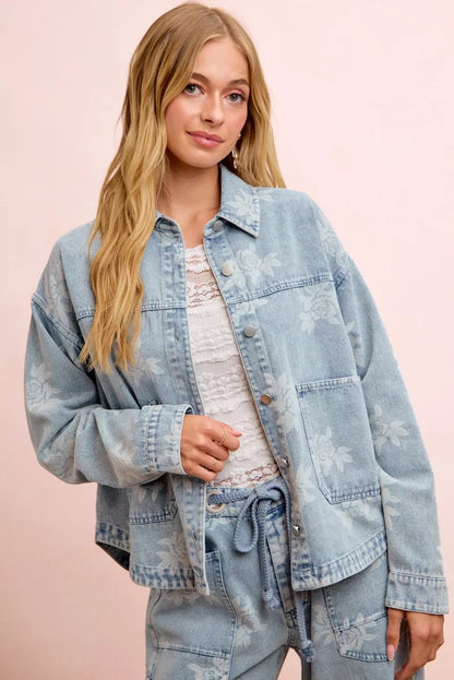 Women's Printed Washed Denim Jacket with Pocket - Jackets