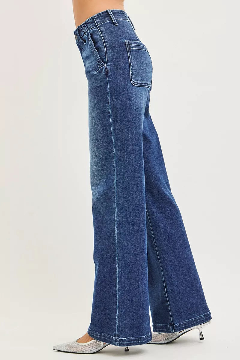 High Rise Wide Leg Jeans with Slanted Pockets - Jeans