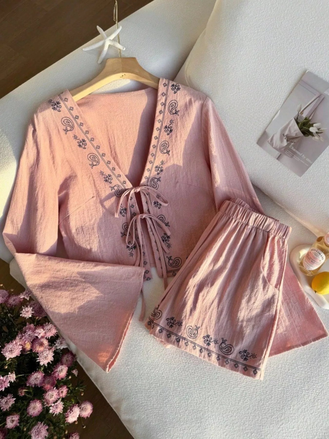 Women's Embroidered Tie Front Top and Shorts Set - Matching Sets