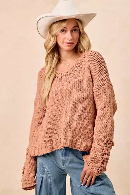Knit V Neck Sweater with Flower Detailed Sleeves | Trendy Sweaters Outfit Idea for Women by Ro + Ivy | Elevated Basics, Modern Comfort & Style