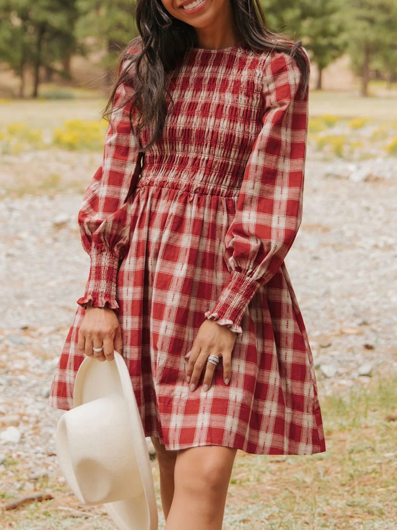 Women's Plaid Print Smocked Puff Sleeve Mini Dress - Scarlet Mini Dresses