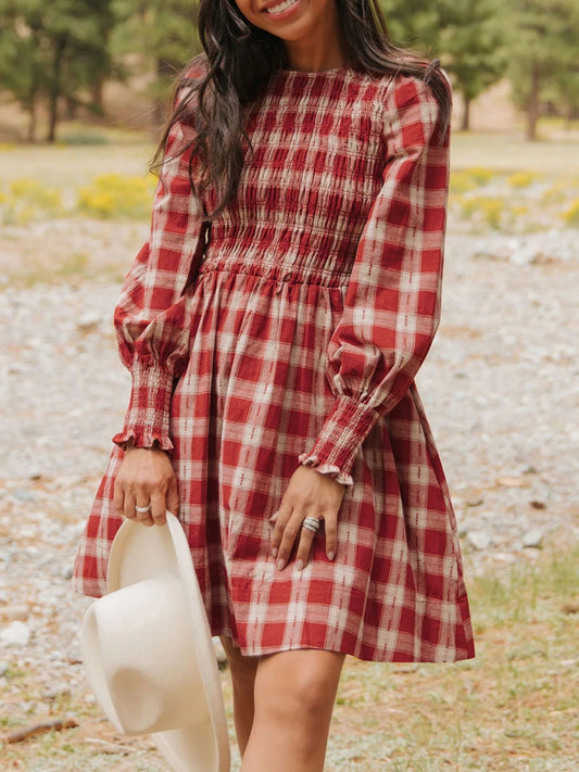 Women's Plaid Print Smocked Puff Sleeve Mini Dress Scarlet