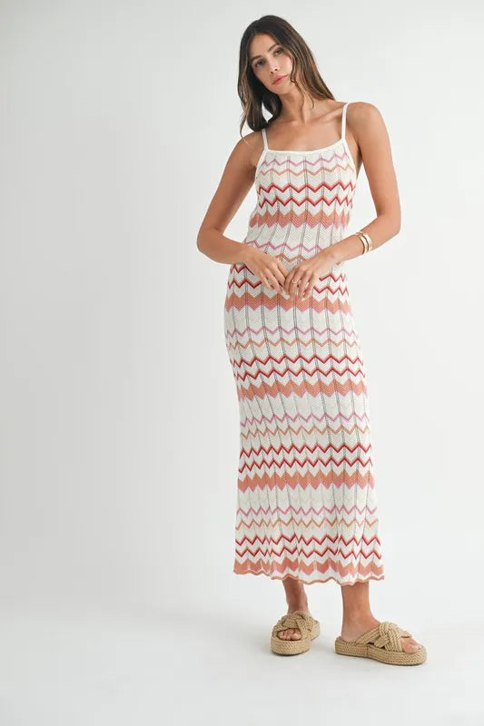 Lightweight Pointelle Chevron Knit Maxi Dress — Delicate Textured Flattering Everyday Style - Maxi Dresses