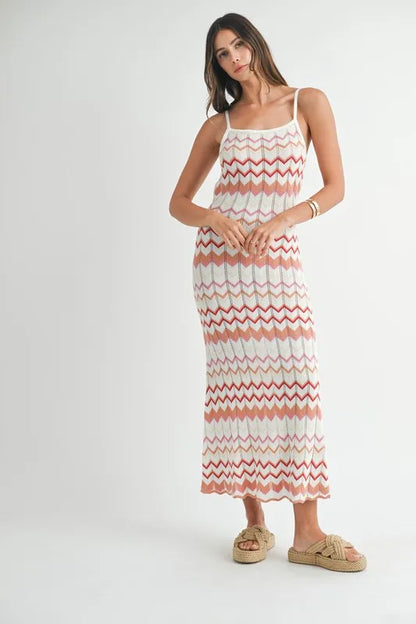 Lightweight Pointelle Chevron Knit Maxi Dress — Delicate Textured Flattering Everyday Style - Maxi Dresses