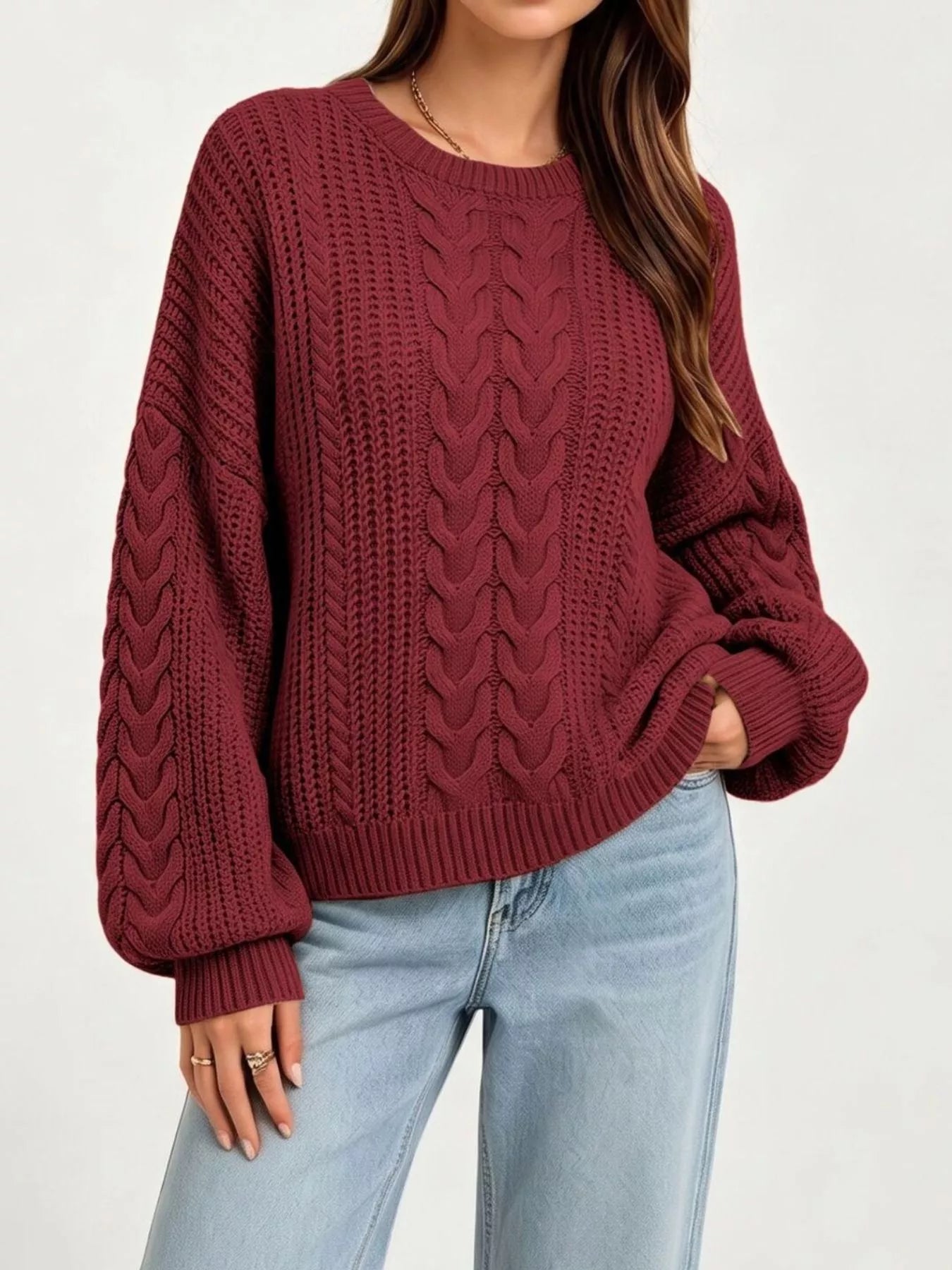 Chunky Cable Knit Round Neck Sweater Red