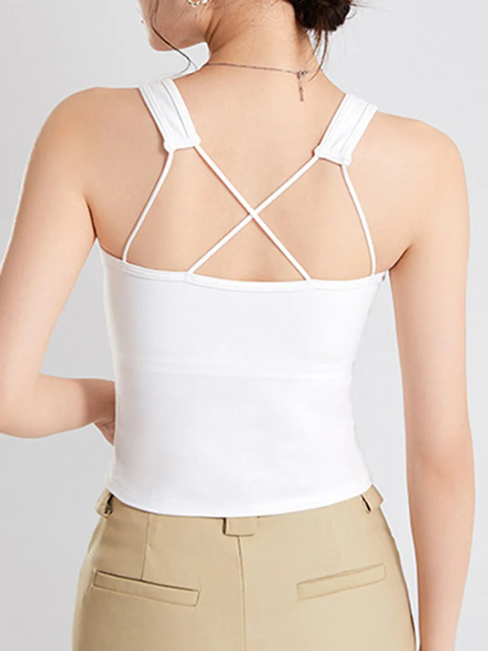 Women's Crisscross Scoop Neck Wide Strap Cropped Tank, Built-In Chest Pads - Crop Tops