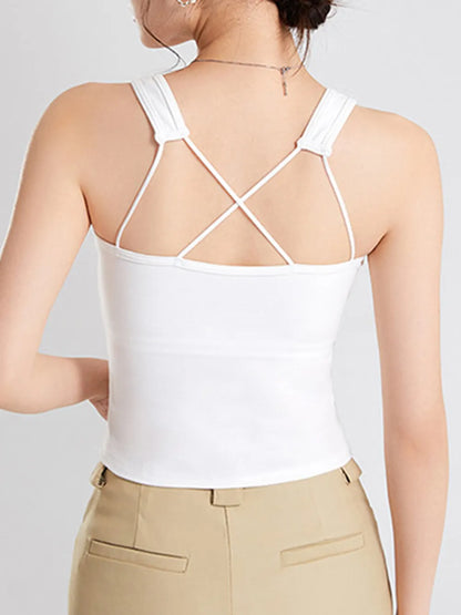 Women's Crisscross Scoop Neck Wide Strap Cropped Tank, Built-In Chest Pads - Crop Tops