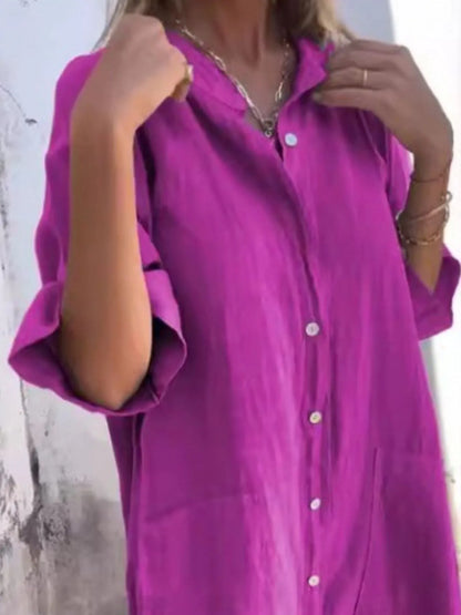 Women's Linen Button Down Shirt Mini Dress - Mini Dresses