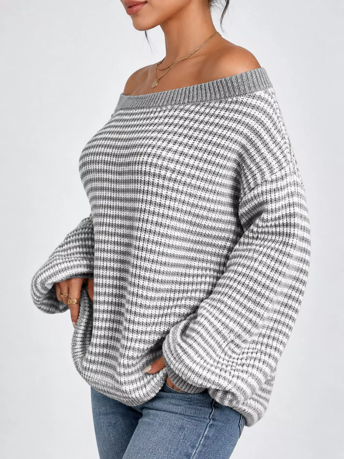 Oversized Striped Ribbed Knit Sweater with Boat Neck